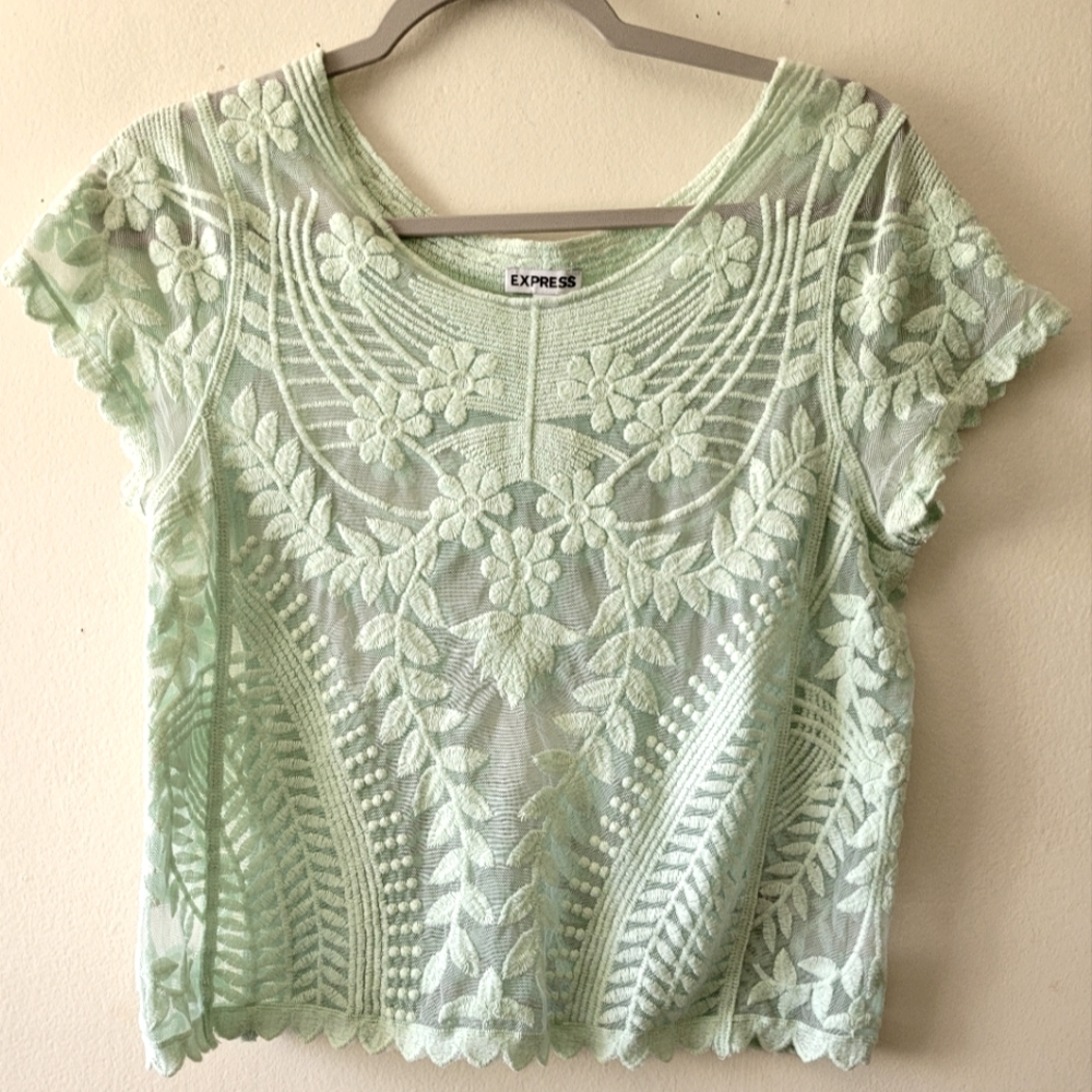 Express Mint Green Floral Lace Embroidered Mesh Flowy Boho Crop Top Size Small